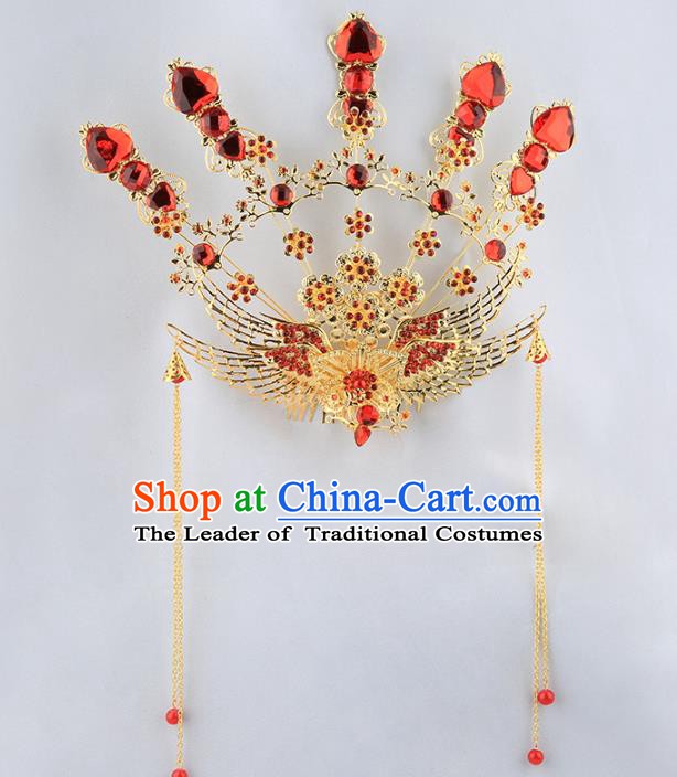 Asian Chinese Handmade Palace Lady Classical Hair Accessories Queen Phoenix Coronet Tassel Hairpins for Women