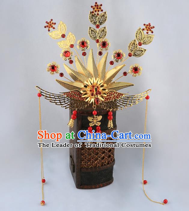 Asian Chinese Handmade Palace Lady Classical Hair Accessories Queen Golden Phoenix Coronet Tassel Hairpins for Women