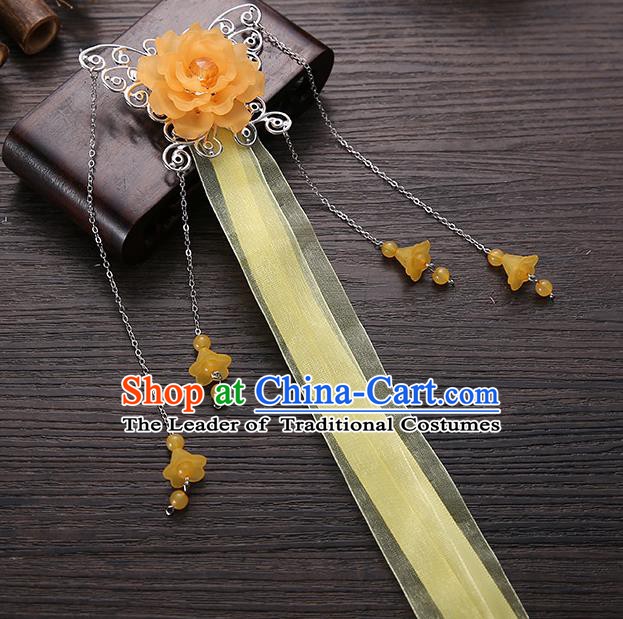Handmade Asian Chinese Classical Hair Accessories Orange Ribbon Butterfly Hairpins Hanfu Hair Stick for Women