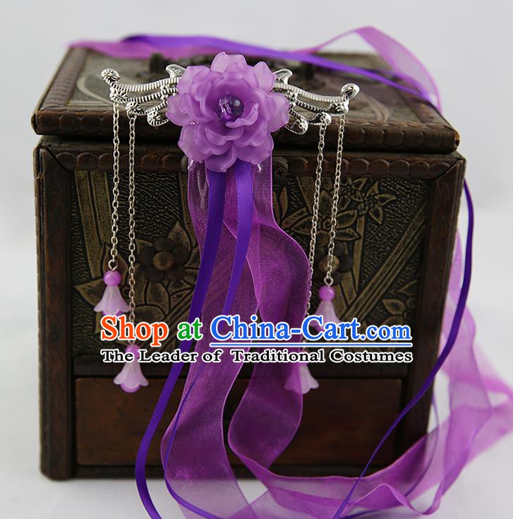 Asian Chinese Handmade Palace Lady Classical Hair Accessories Purple Silk Ribbon Hairpins Headwear for Women