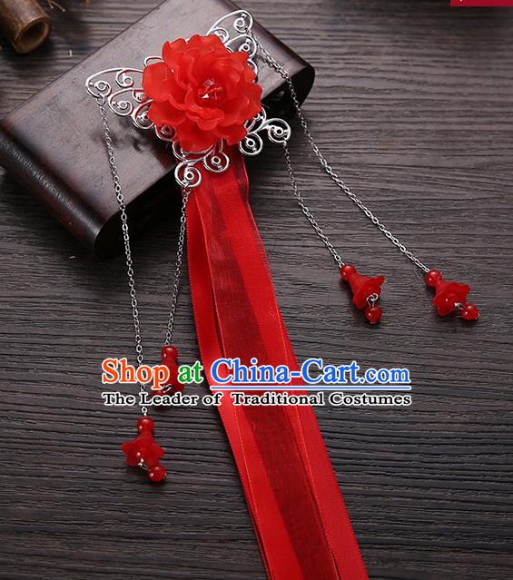 Handmade Asian Chinese Classical Hair Accessories Red Ribbon Butterfly Hairpins Hanfu Hair Stick for Women