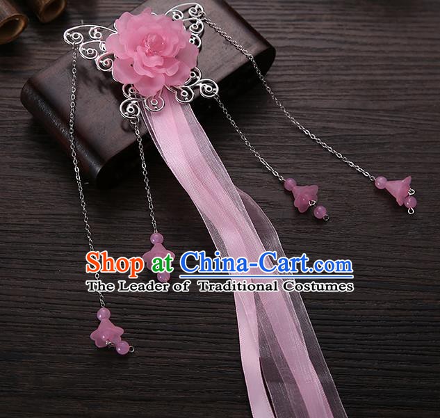 Handmade Asian Chinese Classical Hair Accessories Pink Ribbon Butterfly Hairpins Hanfu Hair Stick for Women