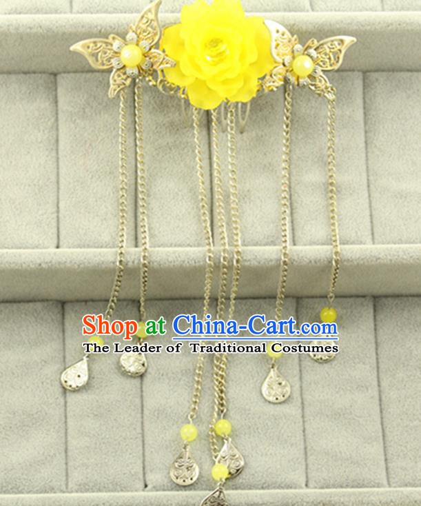 Asian Chinese Handmade Classical Hair Accessories Princess Yellow Flowers Hairpins Butterfly Hair Comb for Women