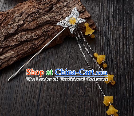 Handmade Asian Chinese Classical Hair Accessories Butterfly Hairpins Hanfu Yellow Tassel Step Shake for Women