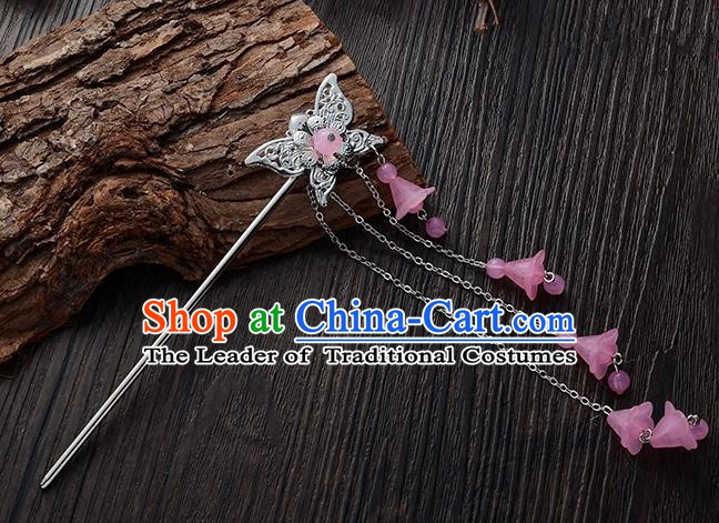 Handmade Asian Chinese Classical Hair Accessories Butterfly Hairpins Hanfu Pink Tassel Step Shake for Women