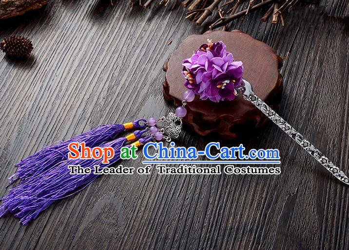 Handmade Asian Chinese Classical Hair Accessories Hairpins Hanfu Purple Flower Tassel Hair Stick for Women