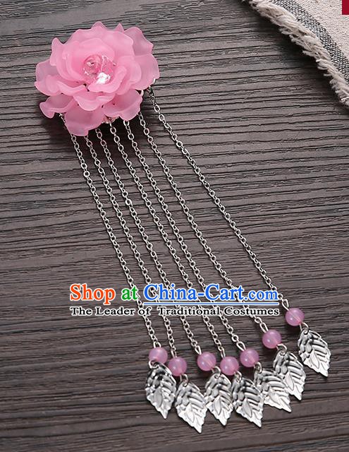 Asian Chinese Handmade Classical Hair Accessories Pink Flower Hairpins Hanfu Tassel Hair Claw for Women