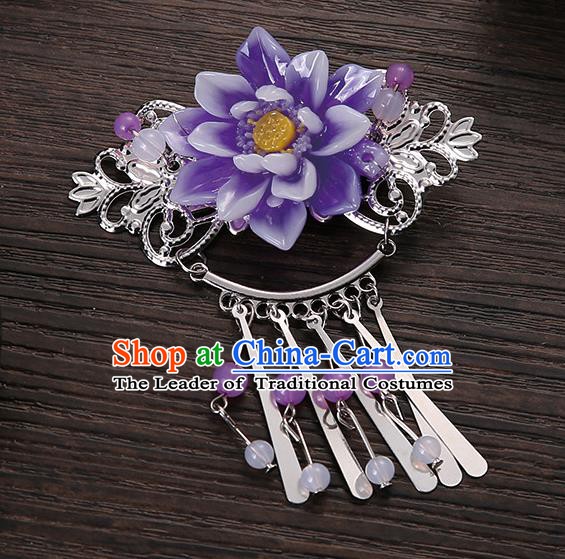 Asian Chinese Handmade Classical Hair Accessories Purple Flower Tassel Hair Comb Hairpins for Women