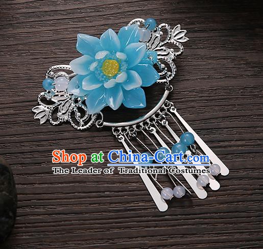 Asian Chinese Handmade Classical Hair Accessories Blue Flower Tassel Hair Comb Hairpins for Women