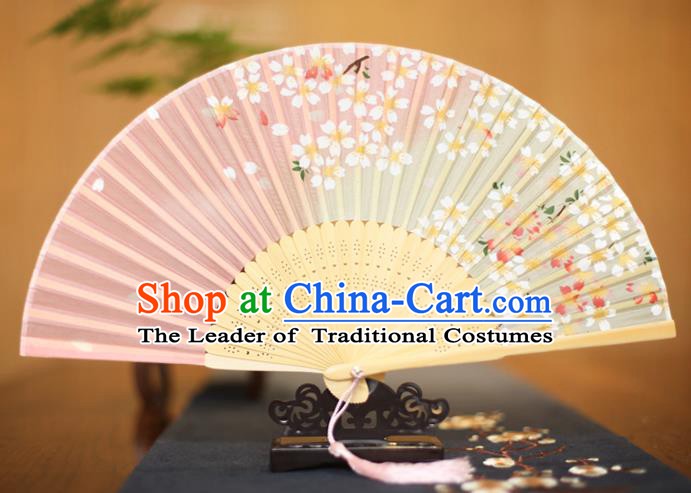 Traditional Chinese Crafts Printing Sakura Pink Folding Fan, China Sensu Paper Fans for Women