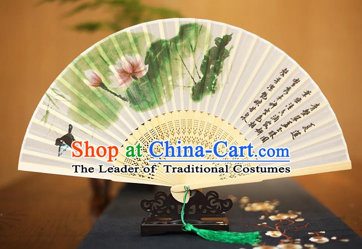 Traditional Chinese Crafts Printing Lotus White Folding Fan, China Sensu Paper Fans for Women