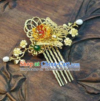 Chinese Handmade Classical Hair Accessories Ancient Palace Lady Hairpins Golden Hair Comb for Women