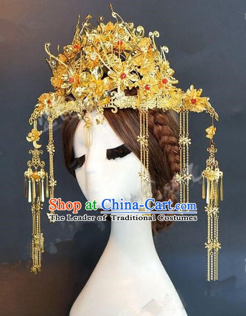 Chinese Handmade Classical Hair Accessories Ancient Hairpins Bride Golden Tassel Phoenix Coronet for Women