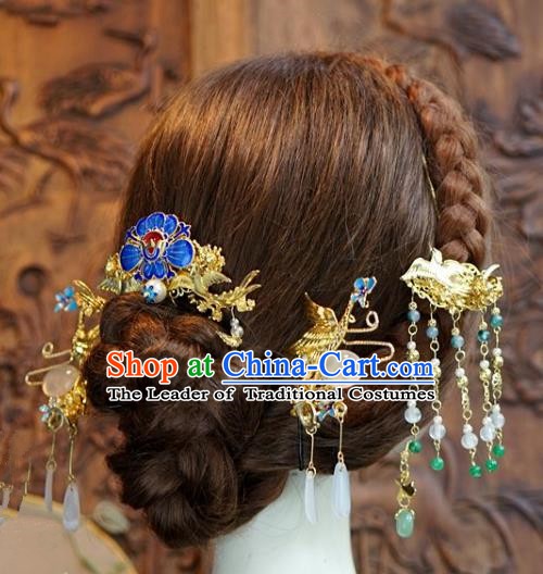 Chinese Ancient Handmade Classical Wedding Hair Accessories Xiuhe Suit Blueing Hairpins Complete Set for Women