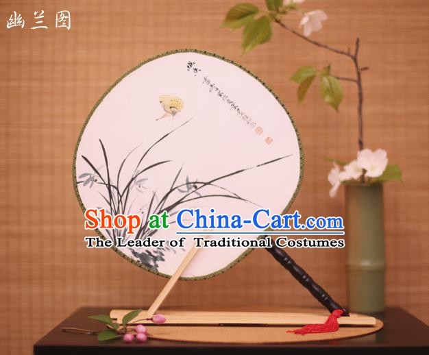 Traditional Chinese Crafts Printing Orchid White Round Fan, China Palace Fans Princess Silk Circular Fans for Women