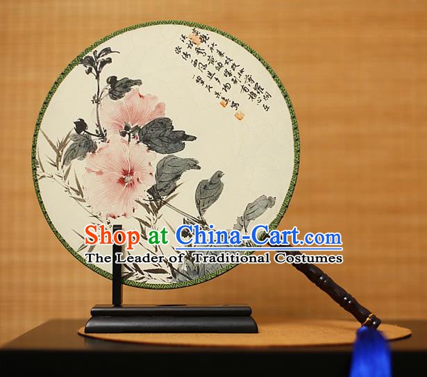 Traditional Chinese Crafts Printing Flowers White Round Fan, China Palace Fans Princess Silk Circular Fans for Women