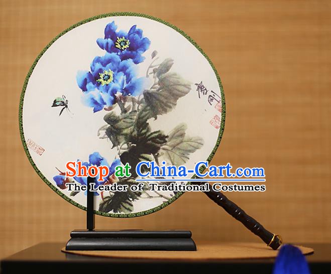 Traditional Chinese Crafts Printing Blue Peony Round Fan, China Palace Fans Princess Silk Circular Fans for Women