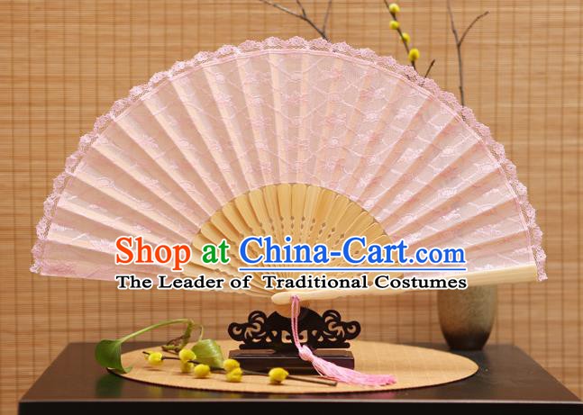 Traditional Chinese Crafts Pink Lace Folding Fan Hollow Out Flowers Fans for Women