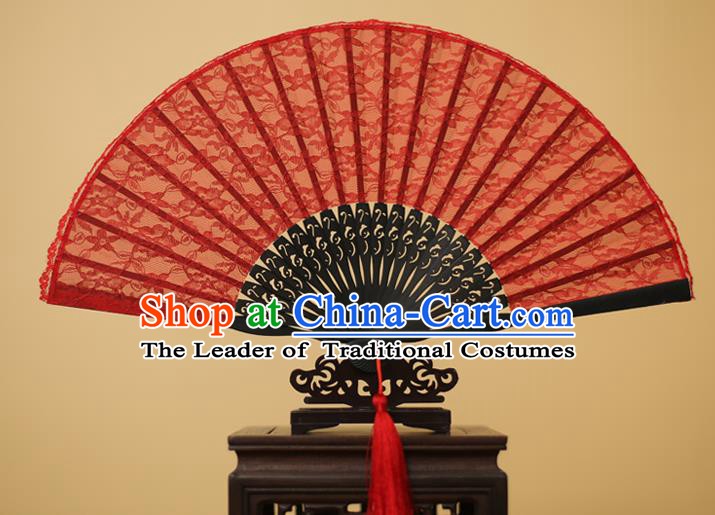 Traditional Chinese Crafts Red Lace Folding Fan Hollow Out Flowers Fans for Women