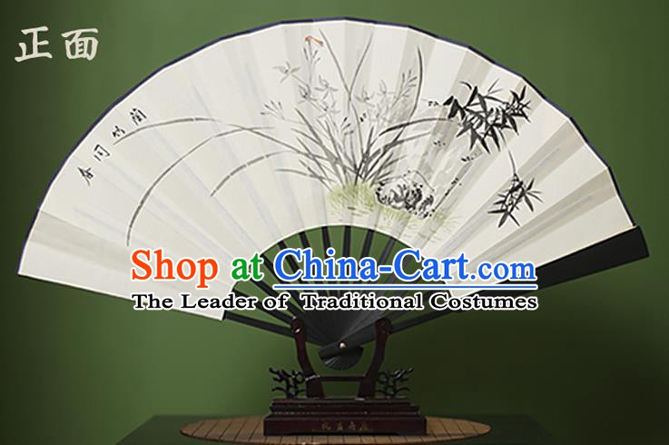 Traditional Chinese Crafts Ink Painting Orchid Bamboo White Folding Fan Paper Fans for Women
