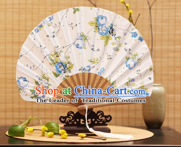 Traditional Chinese Crafts Shell Silk Folding Fan Ink Painting Blue Flowers Bamboo Fans for Women
