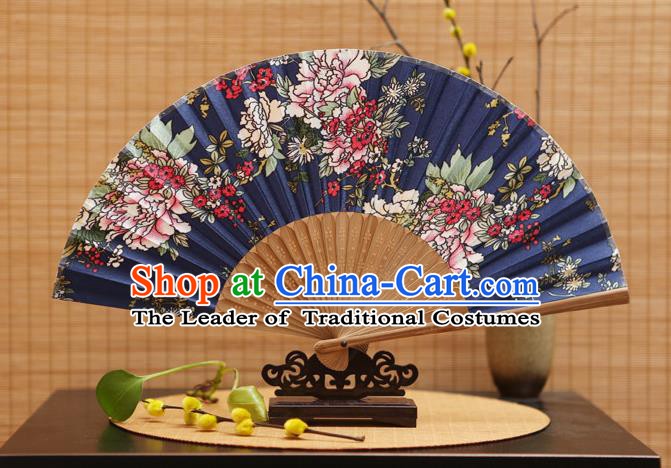 Traditional Chinese Crafts Folding Fans Painting Flowers Navy Silk Fan for Women