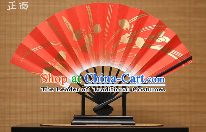 Traditional Chinese Crafts Printing Orchid Red Paper Folding Fan Sensu Fans for Women
