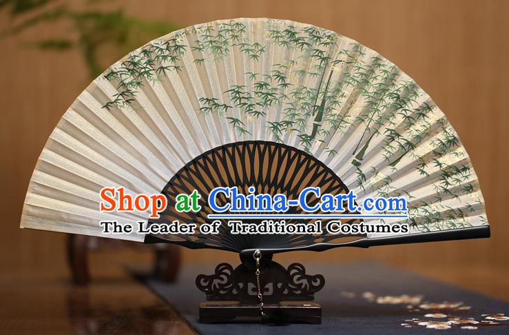 Traditional Chinese Crafts Ink Painting Green Bamboo Folding Fan Paper Fans for Men