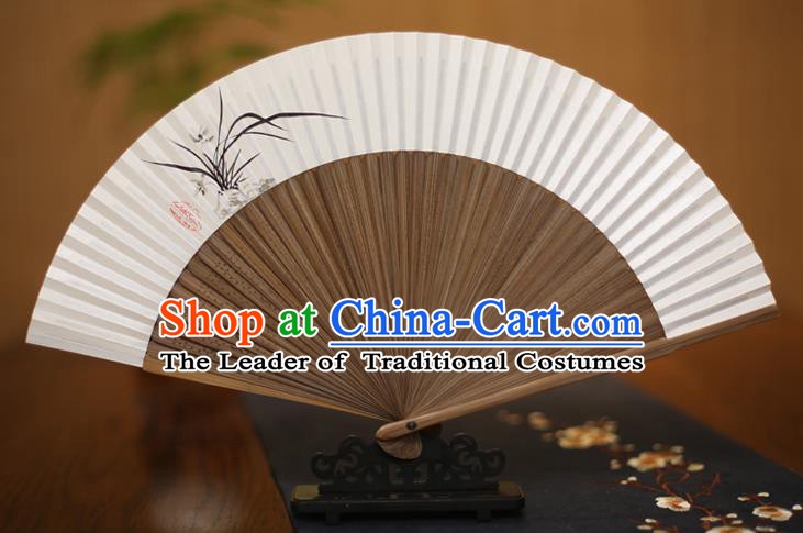 Traditional Chinese Crafts Ink Painting Orchid Folding Fan Paper Fans for Men