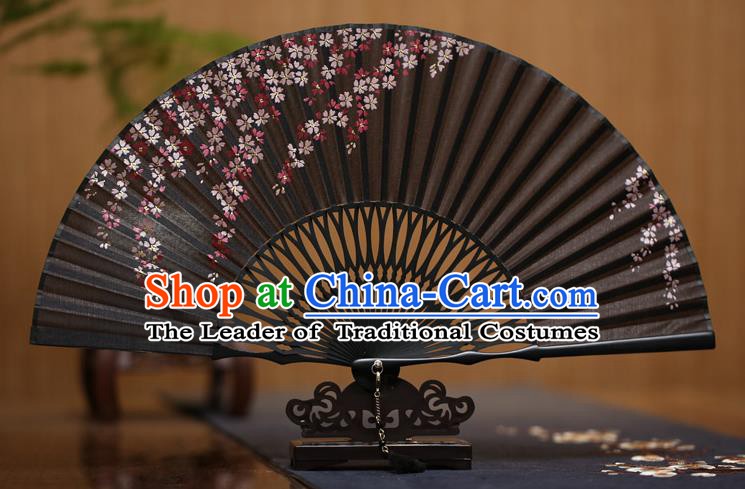 Traditional Chinese Crafts Printing Oriental Cherry Black Folding Fan Paper Fans for Men