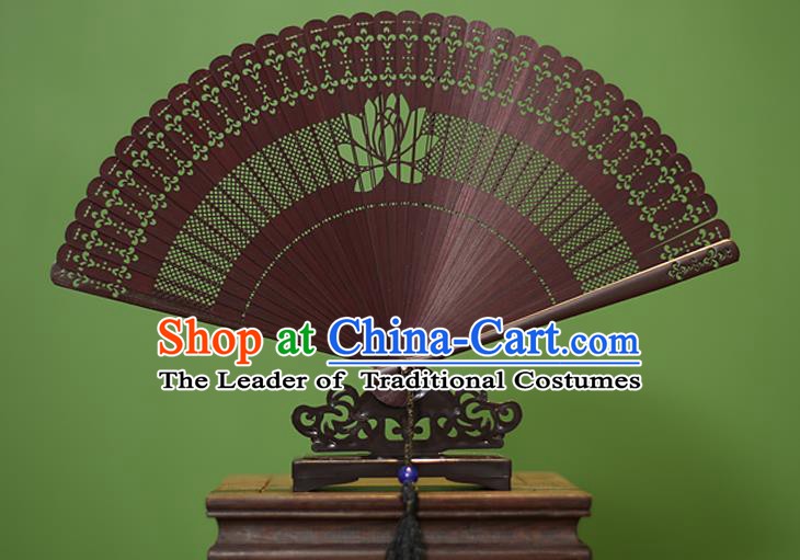 Traditional Chinese Crafts Red Folding Fan Hollow Out Lotus Bamboo Fans for Women