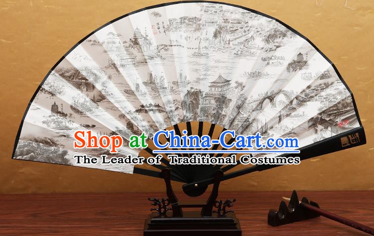 Traditional Chinese Crafts Printing Beijing-Hangzhou Grand Canal Folding Fan, China Beijing Opera Paper Fans for Men