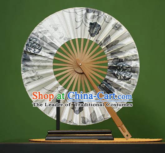 Traditional Chinese Crafts Ink Painting Flowers White Silk Folding Fan, China Beijing Opera Round Fans for Women