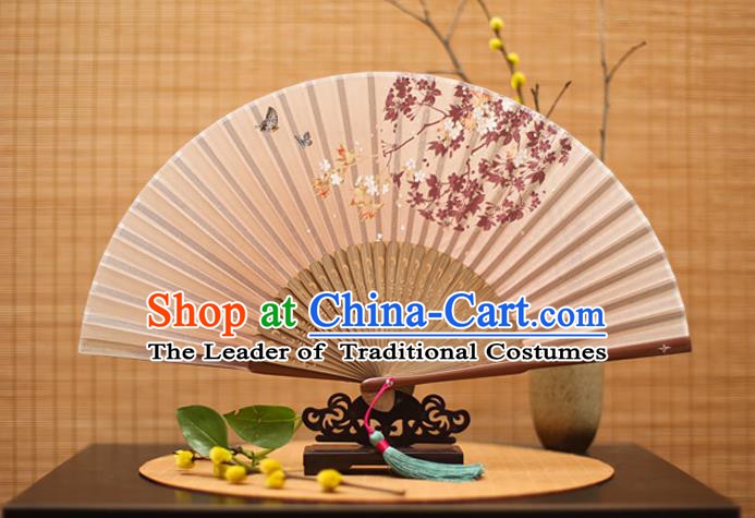 Traditional Chinese Crafts Printing Oriental Cherry Folding Fan, China Beijing Opera Silk Fans for Women