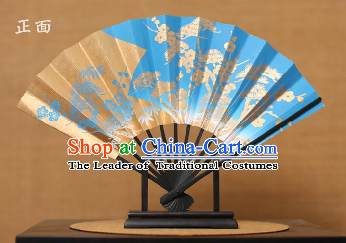 Traditional Chinese Crafts Printing Pineburst Blue Paper Folding Fan Sensu Fans for Women