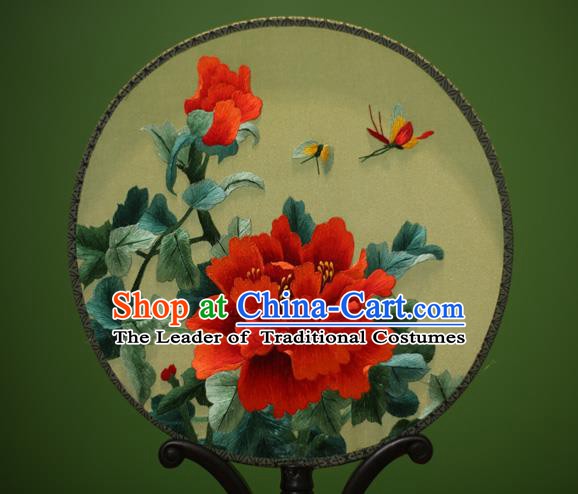 Traditional Chinese Crafts Embroidered Red Peony Round Fan, China Palace Fans Princess Silk Circular Fans for Women