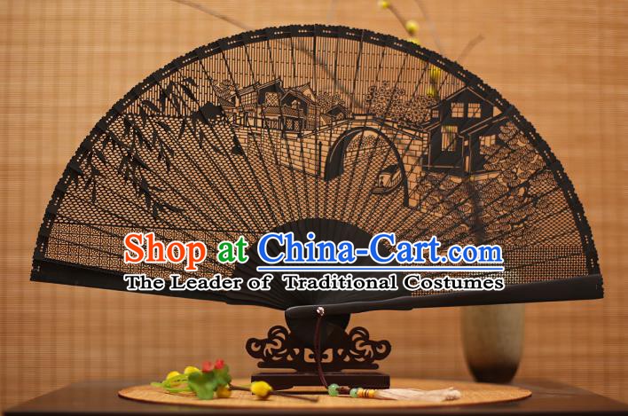 Traditional Chinese Crafts Black Sandalwood Folding Fan, Chinese Hollow Out Bridge Fans Bamboo Fans for Women