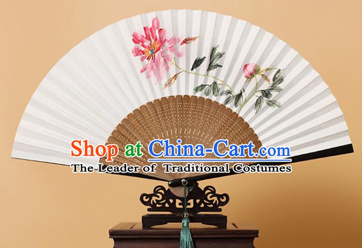 Traditional Chinese Crafts Ink Painting Peony Folding Fan, China Handmade Xuan Paper Fans for Men