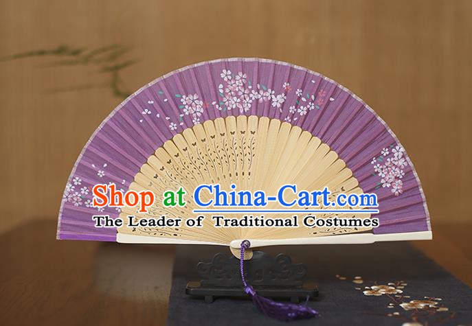 Traditional Chinese Crafts Folding Fan, China Printing Flowers Purple Silk Fans for Women