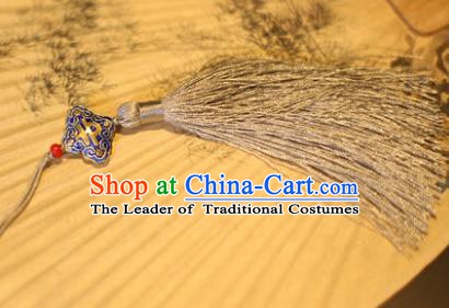 Traditional Chinese Crafts Folding Fan Pendant Grey Tassel Fan Accessories for Women