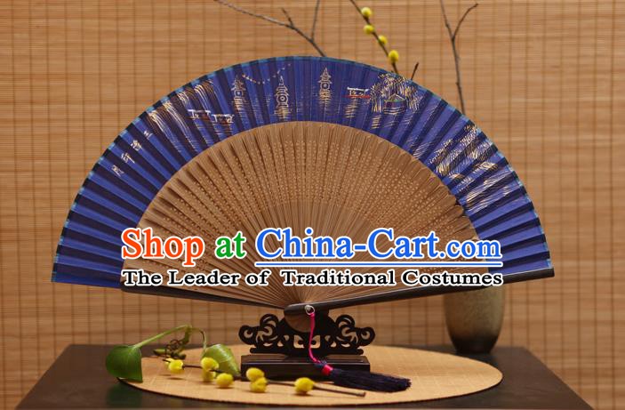 Traditional Chinese Crafts Hand Painting West Lake Royalblue Silk Folding Fan, China Handmade Bamboo Fans for Women