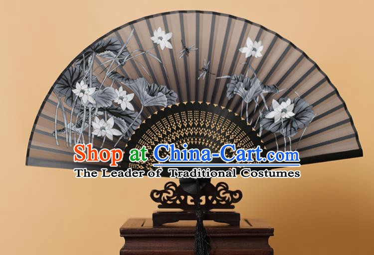 Traditional Chinese Crafts Printing Lotus Black Folding Fan, China Handmade Bamboo Fans for Women