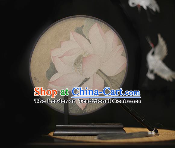 Traditional Chinese Crafts Printing Pink Lotus Silk Round Fan, China Palace Fans Princess Circular Fans for Women