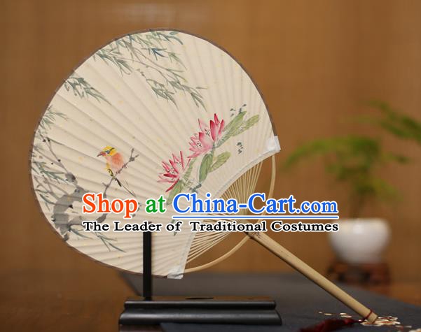 Traditional Chinese Crafts Printing Lotus Paper Fan, China Palace Fans Princess Round Fans for Women