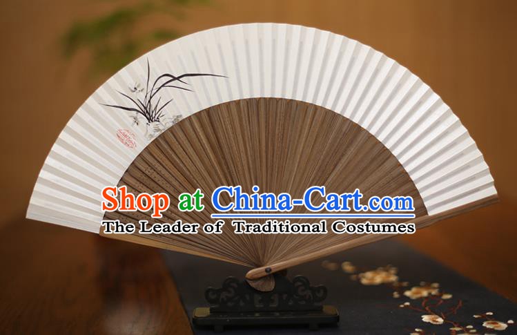 Traditional Chinese Crafts Printing Orchid Folding Fan, China Handmade Xuan Paper Fans for Women