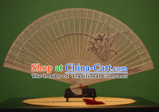 Traditional Chinese Crafts Sandalwood Folding Fan, China Handmade Carving Orchid Incienso Fans for Women