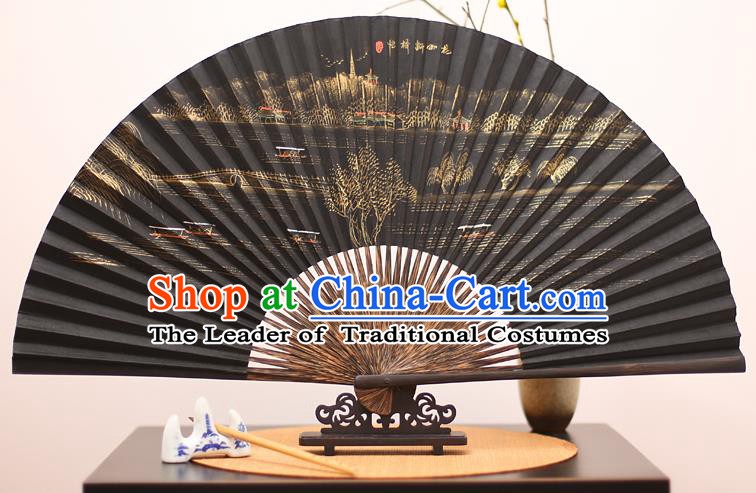 Traditional Chinese Crafts Printing Broken Bridge Mulberry Paper Folding Fan, China Handmade Bamboo Palm Fans for Men