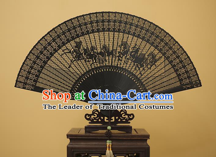Traditional Chinese Crafts Hollow Out Horse Folding Fan, China Handmade Sandalwood Black Fans for Women