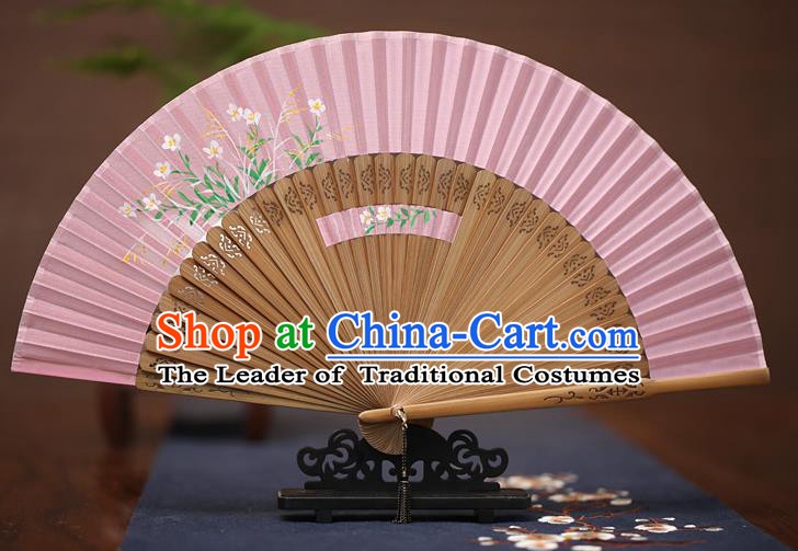 Traditional Chinese Crafts Printing Flowers Folding Fan, China Handmade Classical Pink Silk Fans for Women