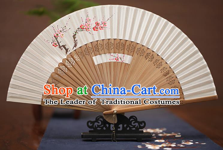 Traditional Chinese Crafts Printing Wintersweet Folding Fan, China Handmade Classical White Silk Fans for Women